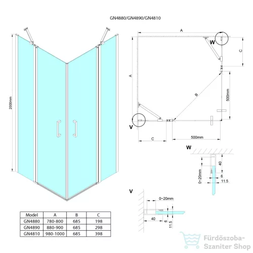 Sapho GELCO LORO sarokbelépős zuhanykabin nyílóajtóval, fixrésszel, 1000x1000mm (GN4810-01)