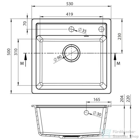 Sapho Gránit mosogató, egymedencés, 53x50cm, fekete (GR1034)