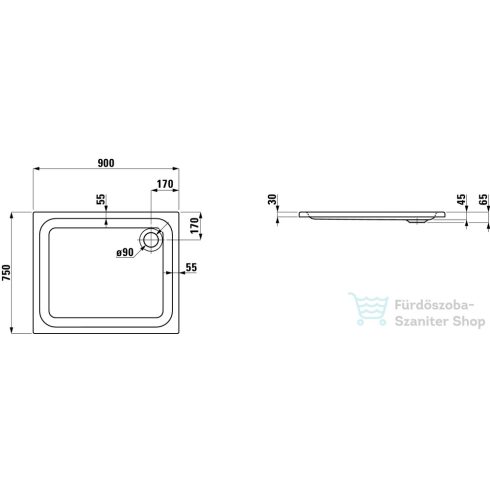 Laufen Solutions 90x70 akril zuhanytálca, fehér H2115050000001