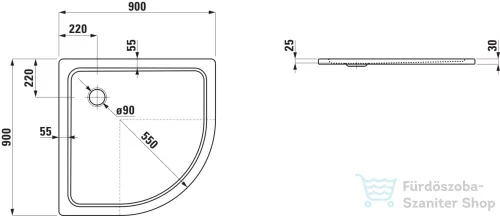 Laufen PLATINA 90x90 cm-es negyedköríves acéllemez zuhanytálca szifon nélkül, fehér H2150080000401