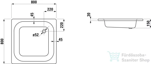 Laufen Platina 80x80 cm-es acéllemez zuhanytálca szifon nélkül, fehér H2150210000401