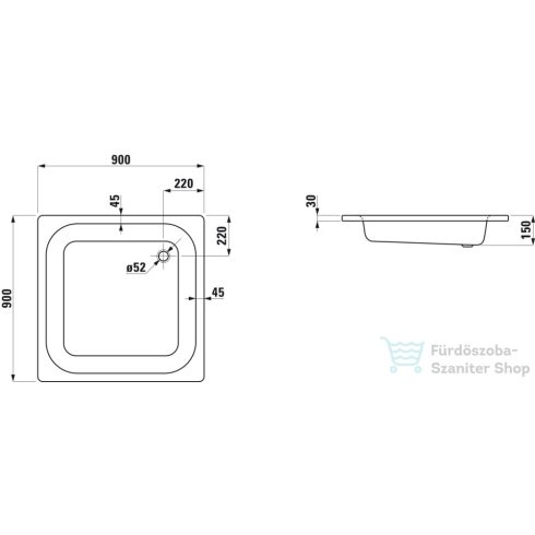 Laufen Platina 90x90 acéllemez zuhanytálca szifon nélkül, matt fehér H2150227570401