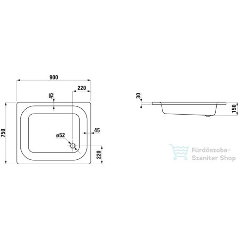 Laufen Platina 90x75 cm-es acéllemez zuhanytálca szifon nélkül, matt fehér H2150237570401
