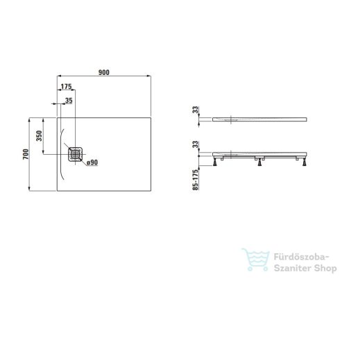 Laufen Pro 90x70 Marbond kompozit zuhanytálca, lefolyó a rövid oldalon, Világosszürke H2169560770001