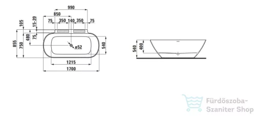 Laufen LUA 170x85 szabadonálló kád, falhoz tolható változat, Marbond kompozit anyagból, kádperemre szerelhető csaptelephez, fehér H2200870000361