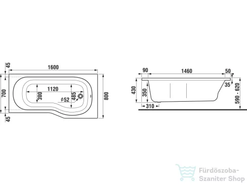 Jika TIGO 160x80 cm-es aszimmetrikus kád előlap nélküli beépítéshez, láb és lefolyó nélkül, jobbos, fehér H2202100000001