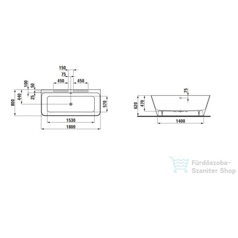 Laufen LUA 10x75 szabadonálló kád, Marbond kompozit anyagból, fehér H2200820000001