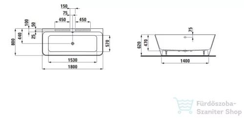 Laufen LINDEN 180x80 szabadonálló kád, falhoz tolható változat, Marbond kompozit anyagból, fehér H2209470000001