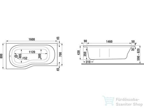 Jika TIGO 160x80 cm-es aszimmetrikus kád előlap nélküli beépítéshez, láb és lefolyó nélkül, balos, fehér H2212100000001