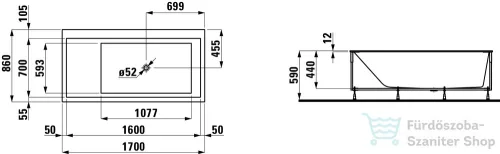 Laufen Kartell By Laufen 170x86 beültethető kád jobb sarokba, "solid surface" anyagból, megvilágított rejtett túlfolyóval, tartókerettel H2233310006161 ( 223331 )