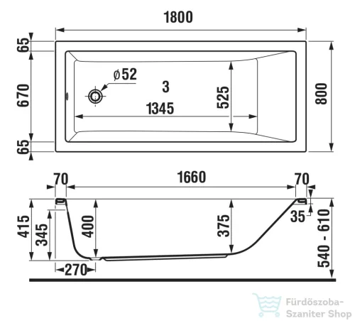 Jika CUBITO 180x80 cm-es beépíthető fürdőkád, fehér H2234200000001
