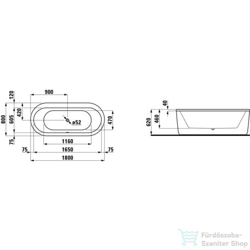 Laufen SOLUTIONS 180x80 ovális fürdőkád, szabadon álló változat, fehér H2245120000001