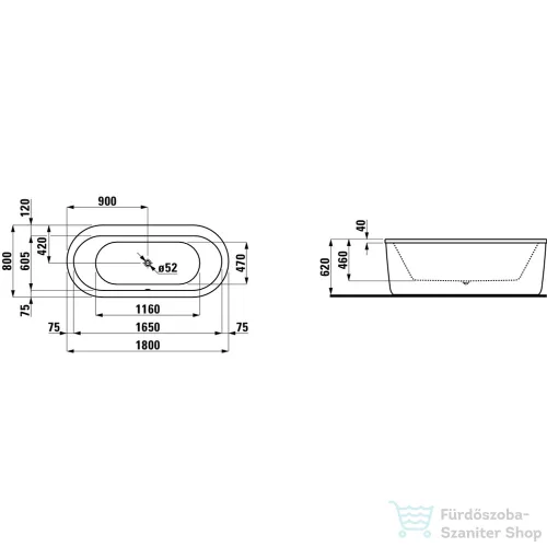 Laufen SOLUTIONS 180x80 ovális fürdőkád, szabadon álló változat, fehér H2245120000001