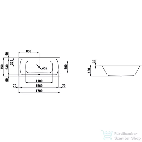 Laufen Moderna Plus 170x75 acéllemez fürdőkád, fehér H2250700000401