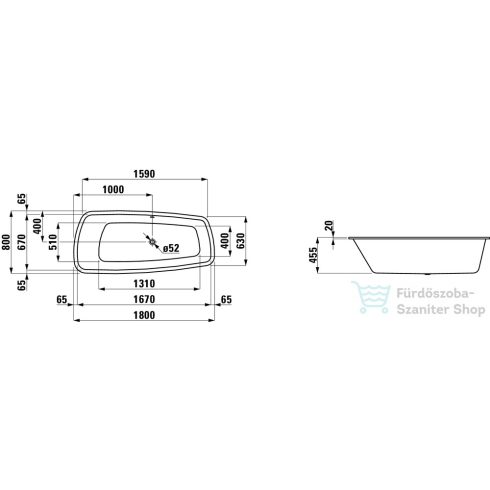 Laufen Palomba 180x80 Kád, beültethető változat, 20mm peremmel, szaniter akrilból H2428000000001 ( 242800 )