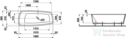 Laufen Palomba 180x80 Kád, tartókerettel, 20mm peremmel, szaniter akrilból H2428010000001 ( 242801 )