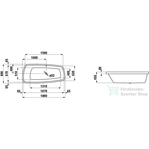 Laufen Palomba 180x80 Kád, beültethető változat, 80mm peremmel, szaniter akrilból H2438000000001 ( 243800 )