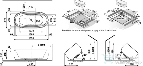 Laufen Ilbagnoalessi One 183x87 Kád, "solid surface" anyagból, szabadon álló változat, emelőrendszerrel H2459720000001 ( 245972 )