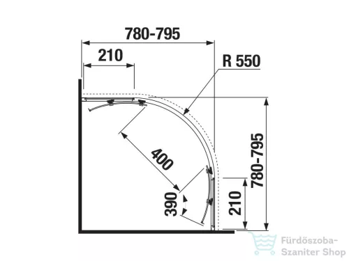 Jika NION 80x80 cm-es tolóajtós, íves zuhanykabin, átlátszó üveggel, fényes ezüst profillal, H2532N10026681