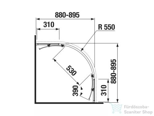 Jika NION 90x90 cm-es tolóajtós, íves zuhanykabin, átlátszó üveggel, fényes ezüst profillal, H2532N20026681