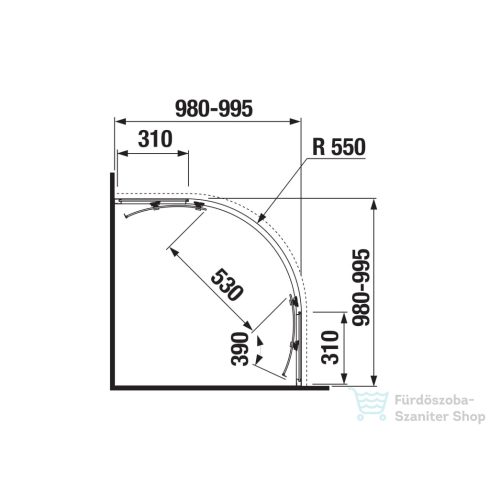 Jika NION 100x100 cm-es tolóajtós, íves zuhanykabin, arctic üveggel, fényes ezüst profillal, H2532N30026661