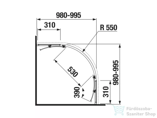 Jika NION 100x100 cm-es tolóajtós, íves zuhanykabin, átlátszó üveggel, fényes ezüst profillal, H2532N30026681