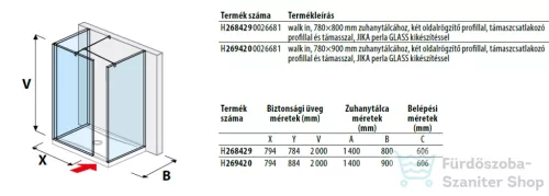 Jika PURE 78,4/88,4 cm-es zuhanyfal Jika Perla átlátszó üveggel, fényes ezüst profillal, H2694200026681