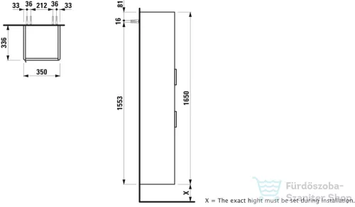 Laufen Base 165x35x33,5 cm-es 2 ajtós szekrény nyitott résszel,jobbos,fényes fehér H4026921102611