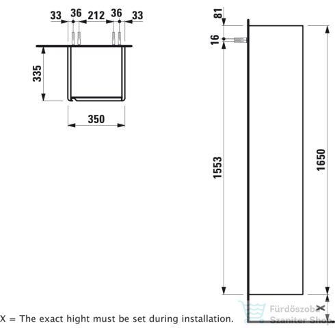 Laufen Base 165x35x33,5 cm-es 1 ajtós szekrény fekete fogantyúval,jobbos,matt fehér H4030341102601