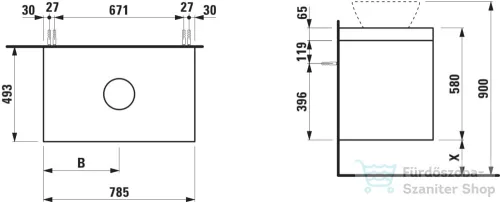 Laufen LANI 80 moduláris alsószekrény, 2 fiókkal, mosdótartó lap 65 mm vastagsággal matt fehér színben, kivágással középen, Traffic Grey H4045511122661