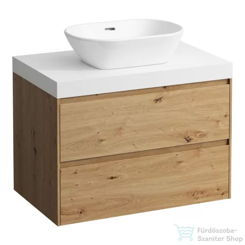 Laufen LANI 80 moduláris alsószekrény, 2 fiókkal, mosdótartó lap 65 mm vastagsággal matt fehér színben, kivágással középen, Vad tölgy H4045511122671