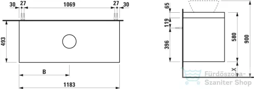 Laufen LANI 120 moduláris alsószekrény, 2 fiókkal, mosdótartó lap 65 mm vastagsággal, kivágással középen, fényes fehér H4045711122611