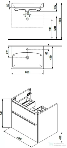 Jika PURE 60x41,8 cm-es 2 fiókos alsószekrény és mosdó kombináció csaptelep nélkül, fényes fehér H40B2324025002