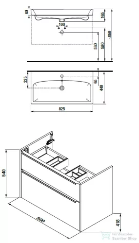 Jika PURE 80x41,8 cm-es 2 fiókos alsószekrény és mosdó kombináció csaptelep nélkül, fényes fehér H40B2344025002