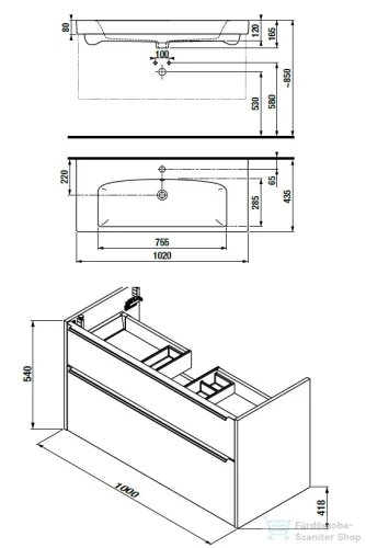 Jika PURE 100x41,8 cm-es 2 fiókos alsószekrény és mosdó kombináció csaptelep nélkül, matt fekete H40B2364023532