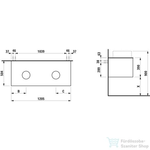 Laufen ARUN fiókos elem 1200, 1 fiókkal, kivágással jobb és bal oldalon, Ardesia Bianca felülettel, Natúrfa H4141241516301