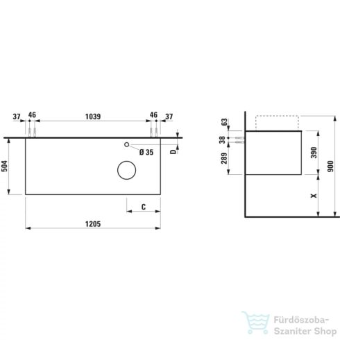 Laufen ARUN fiókos elem 1200, 1 fiókkal, kivágással jobb oldalon, Ardesia Bianca felülettel csaplyuk kivágással, Natúrfa H4141271516301