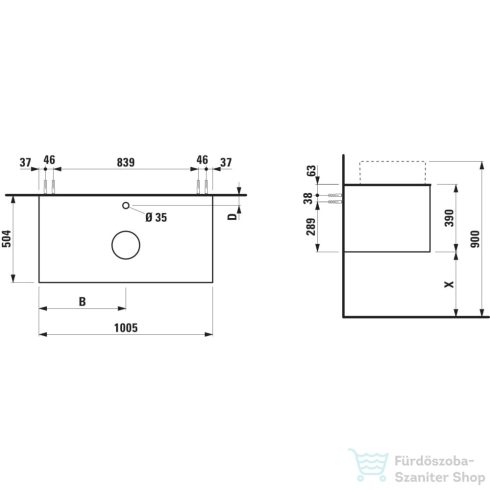 Laufen ARUN fiókos elem 1000, 1 fiókkal, kivágással középen, Botticino Crema felülettel csaplyuk kivágással, Natúrfa H4171151516301