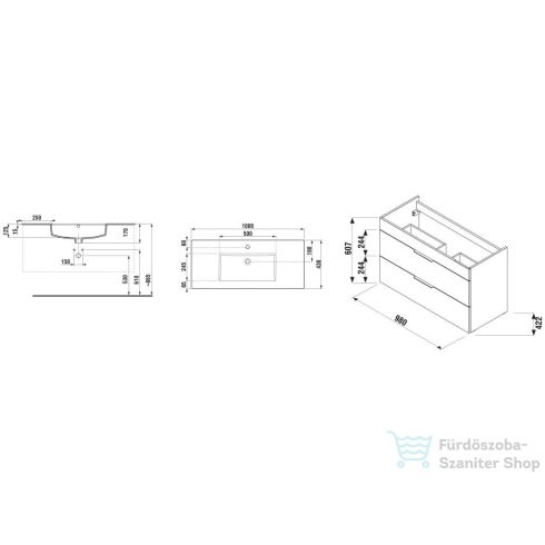 Jika CUBE 98x42,2 cm-es mosdó és 2 fiókos alsószekrény kombináció, matt antracit H4536521763521