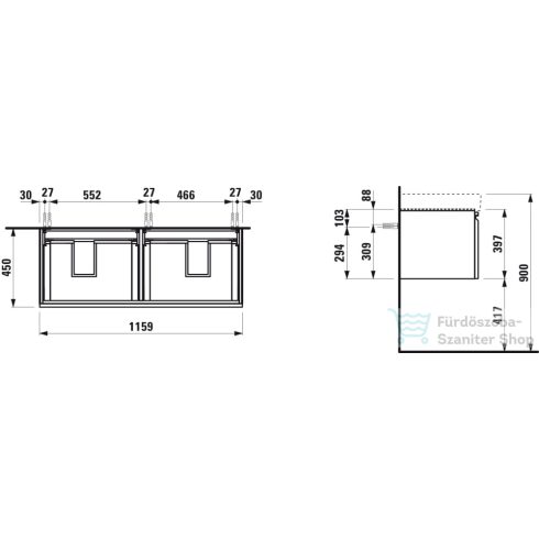 Laufen Pro S 116x45 cm-es 2 fiókos alsószekrény H814966 mosdóhoz,Grafit H4835630964801