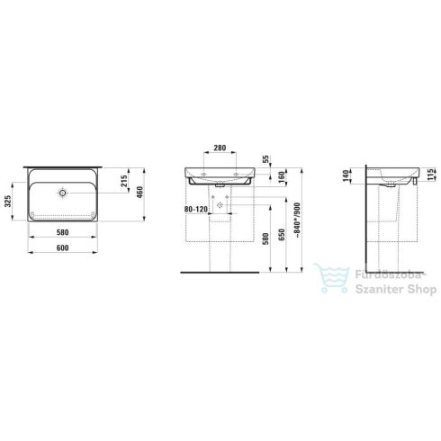 Laufen MEDA 60x46 cm-es falra/bútorra szerelhető mosdó csaplyuk nélkül,LCC bevonattal,fehér H8101134001091