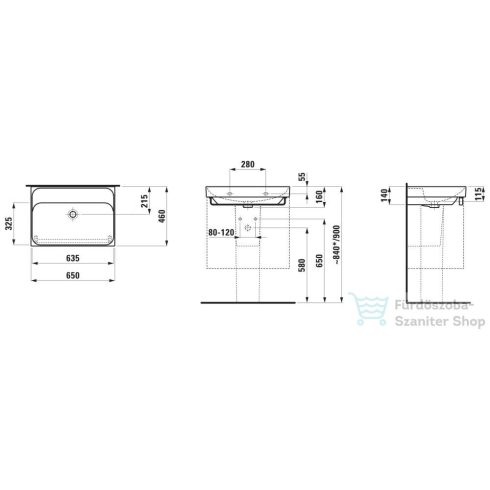 Laufen MEDA 65x46 cm-es falra/bútorra szerelhető mosdó csaplyuk nélkül,matt fekete H8101147161091