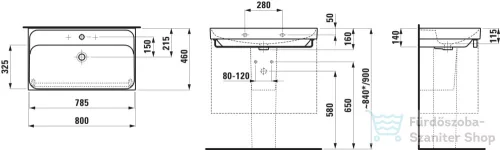 Laufen MEDA 80x46 cm-es falra/bútorra szerelhető mosdó túlfolyó nélkül,fehér H8101170001111