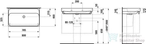 Laufen MEDA 80x46 cm-es falra/bútorra szerelhető mosdó csaplyuk nélkül,LCC bevonattal,fehér H8101174001091