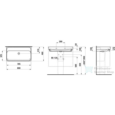 Laufen MEDA 80x46 cm-es falra/bútorra szerelhető mosdó csaplyuk és túlfolyó nélkül,matt fekete H8101177161121