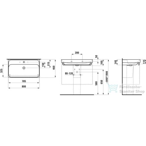 Laufen MEDA 80x46 cm-es falra/bútorra szerelhető mosdó 3 csaplyukkal, matt fehér H8101177571081