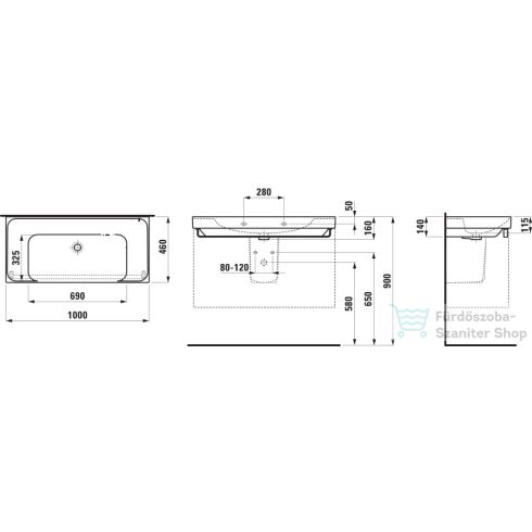 Laufen MEDA 100x46 cm-es falra/bútorra szerelhető mosdó csaplyuk és túlfolyó nélkül,fehér H8101190001121