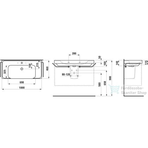 Laufen MEDA 100x46 cm-es fali mosdó jobb és bal oldali pulttal, 3 csaplyukkal, LCC bevonattal,  fehér H8101194001081