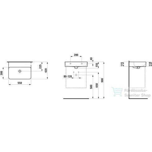 Laufen Val SaphirKeramik 55x42 cm-es mosdó csaplyuk és túlfolyó nélkül,LCC bevonattal,fehér H8102824001121