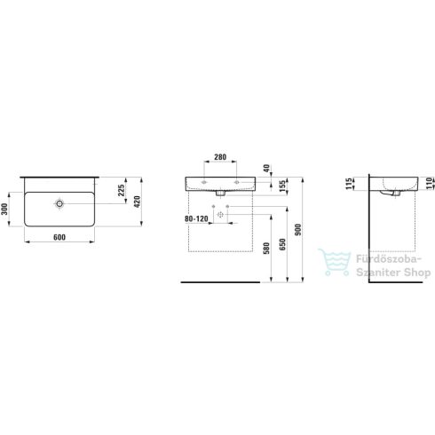Laufen Val SaphirKeramik 60x42 cm-es mosdó csaplyuk és túlfolyó nélkül, matt fekete H8102837161121
